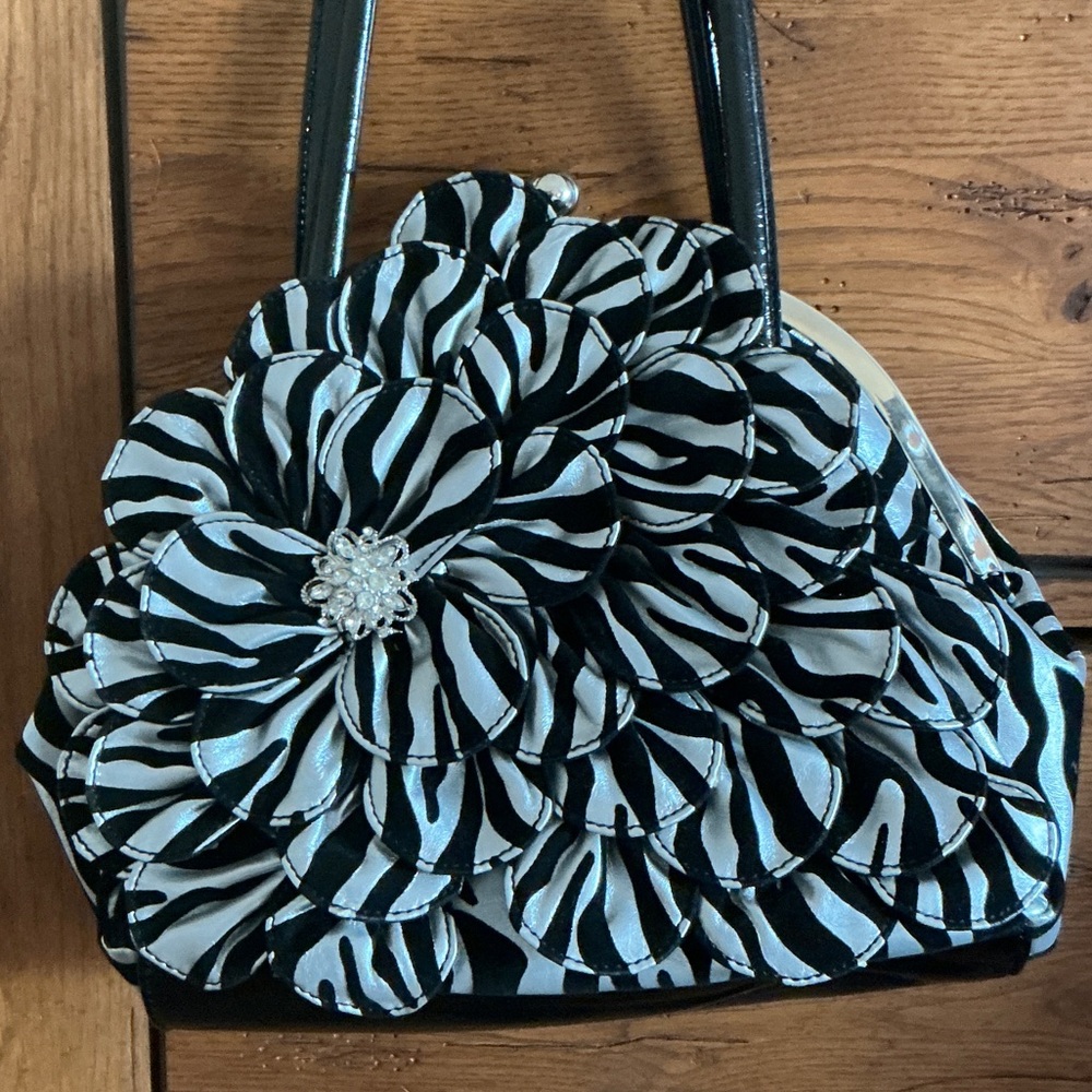 Charming Charlie Black and Silver Zebra Floral Shoulder Bag